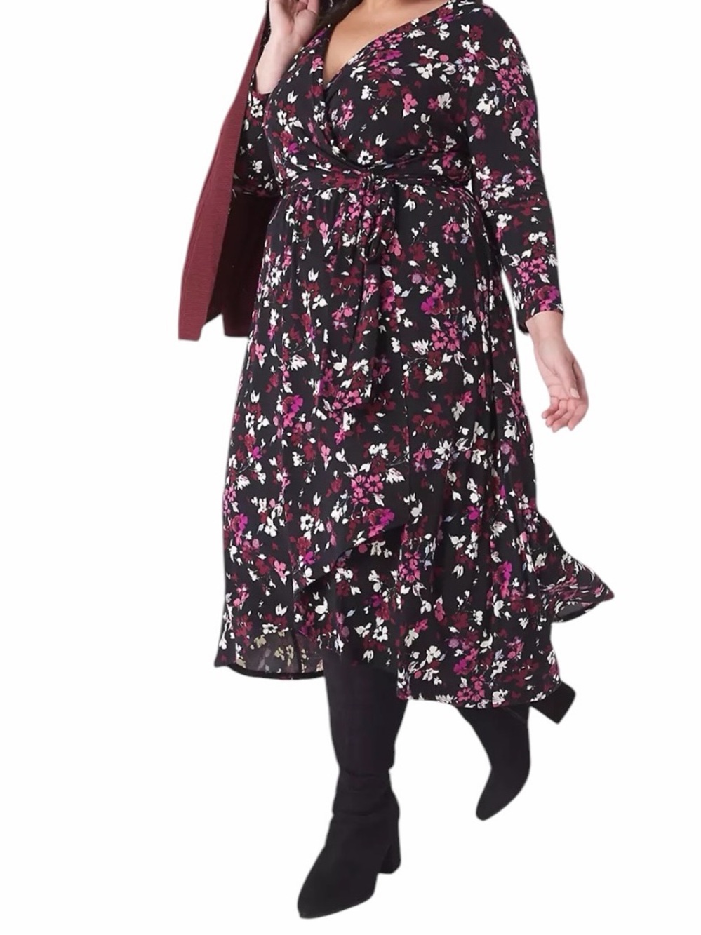 Lane Bryant Black with White/Pink Floral Surplice Aline Midi Dress 26/28